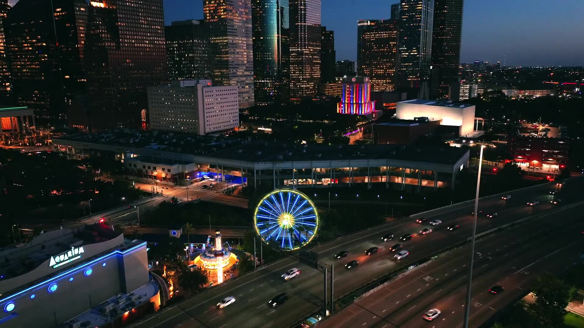 Aerial view of the downtown Houston skyline at dusk
